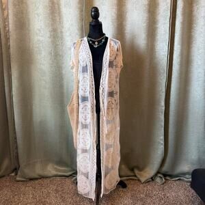 Sheer Lace Medallion Crochet Duster Kimono